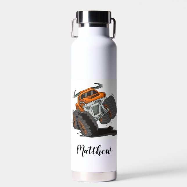 Orange Black Boys' Monster Truck Name Personalised Water Bottle (Front)
