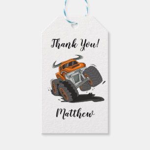 Orange Black Boys' Monster Truck Name Thank You Gift Tags