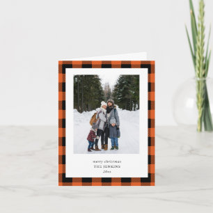 Orange Black Buffalo Plaid 3 Photo Christmas Holiday Card