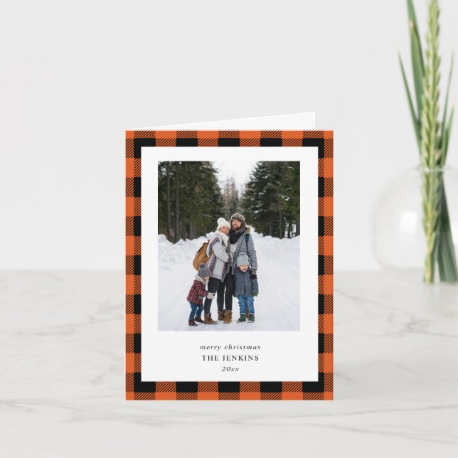 Orange Black Buffalo Plaid  3 Photo Christmas Holiday Card (Front)