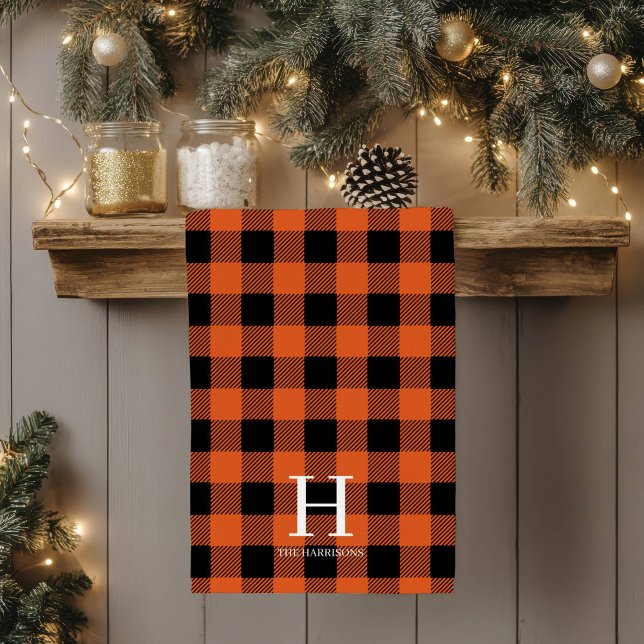 Orange Black Buffalo Plaid Monogram Holiday Tea Towel (Creator Uploaded)