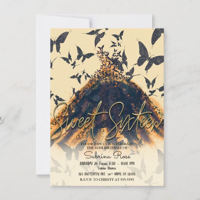 Orange Black Butterfly Dance Dress Sweet 16 Party Invitation (Front)