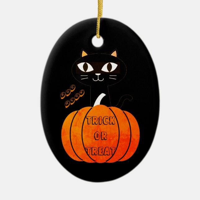 Orange & Black Cat Pumpkin Cute Spooky Halloween Ceramic Tree Decoration (Front)