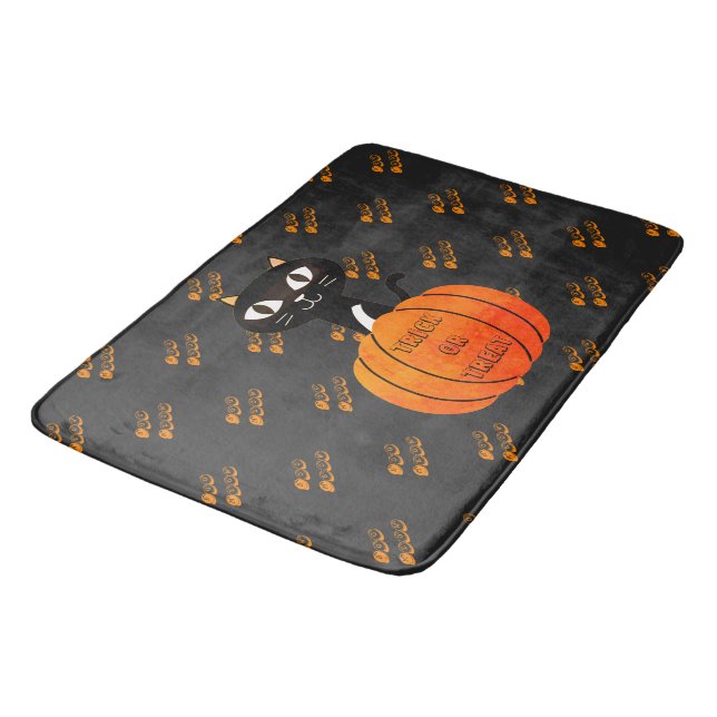 Orange Black Cat Pumpkin Halloween Bath Mat (Angled)