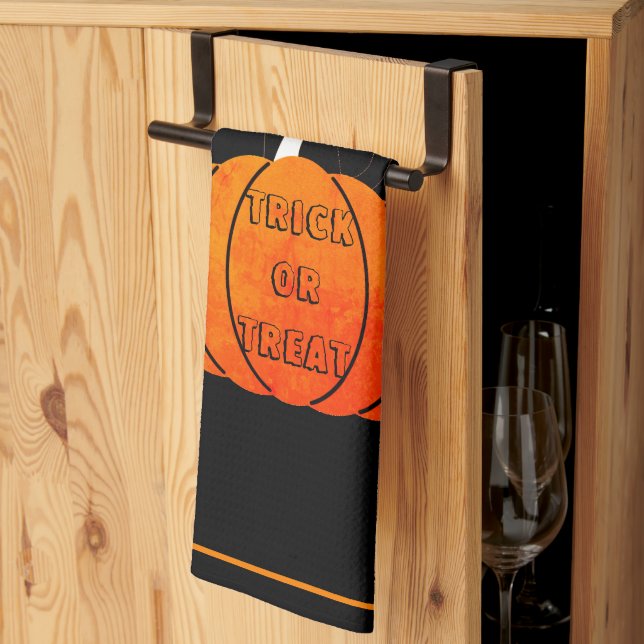 Orange Black Cat Pumpkin Trick or Treat Halloween Tea Towel (Thirds Fold)