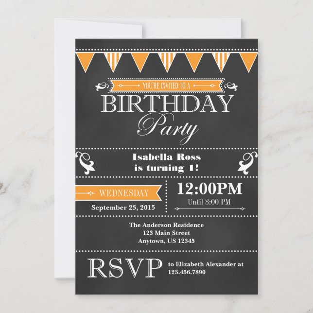 Orange Black Chalkboard Birthday Invitation (Front)