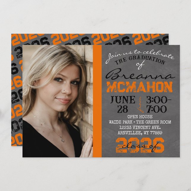 Orange & Black Chalkboard Graduation Invitation (Repeating Class Year 1 Photo Graduation Invitations)