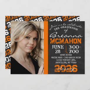Orange & Black Chalkboard Graduation Photo Invitation