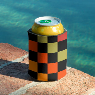 Orange Black Chequerboard Retro Classic Checks Can Cooler
