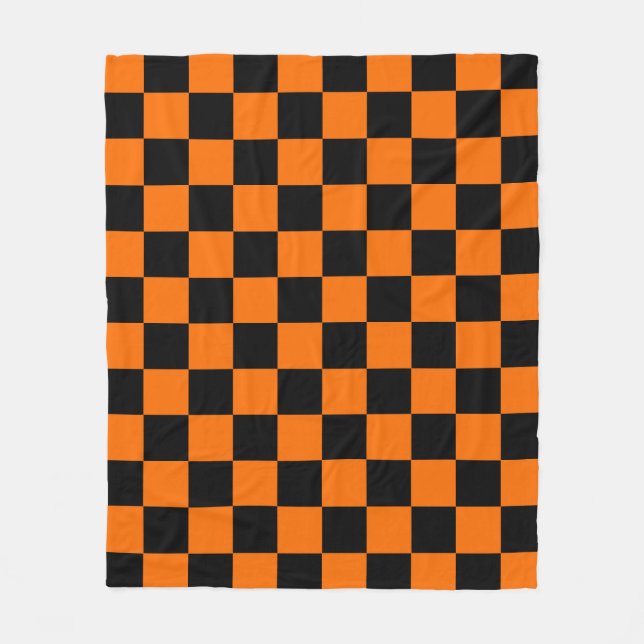 Orange Black Chequered Check Pattern Fleece Blanket (Front)
