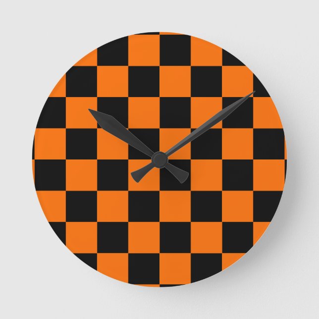 Orange Black Chequered Check Pattern Round Clock (Front)