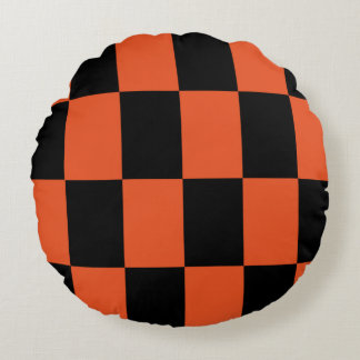 Orange black Chequered Check Pattern Round Cushion