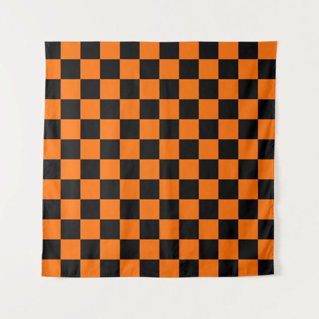 Orange Black Chequered Check Pattern Tapestry (Front)