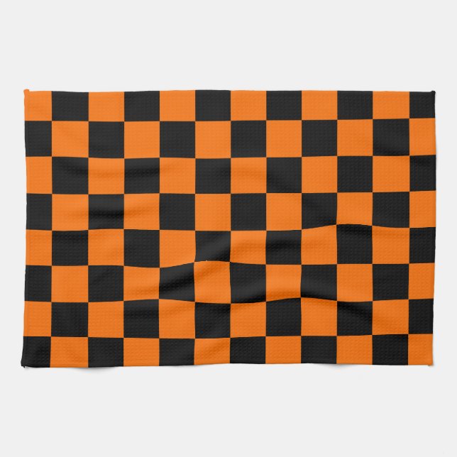 Orange Black Chequered Check Pattern Tea Towel (Horizontal)