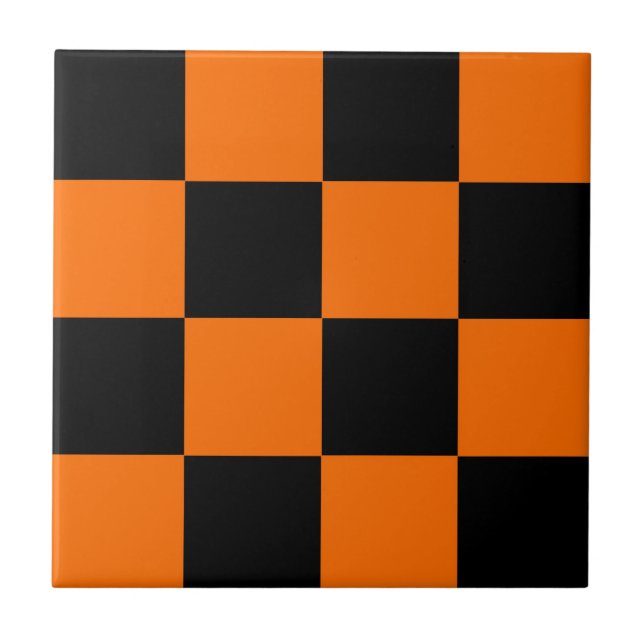 Orange Black Chequered Check Pattern Tile (Front)