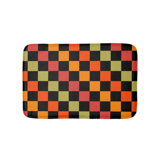 Orange Black Chequered Gingham Pattern Bath Mat (Front)