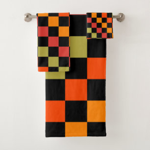 Orange Black Chequered Gingham Pattern Bath Towel Set
