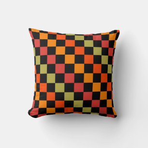 Orange Black Chequered Gingham Pattern Cushion