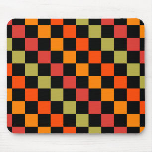 Orange Black Chequered Gingham Pattern Mouse Mat