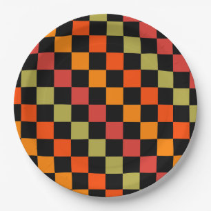Orange Black Chequered Gingham Pattern Paper Plate