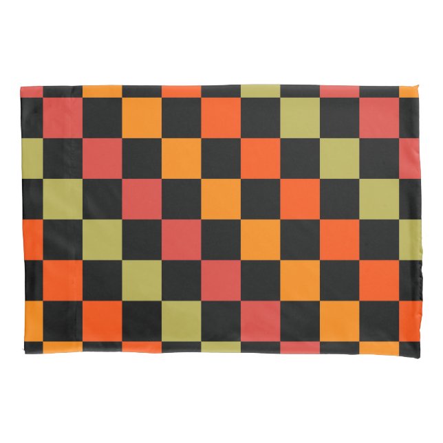 Orange Black Chequered Gingham Pattern Pillowcase (Front)