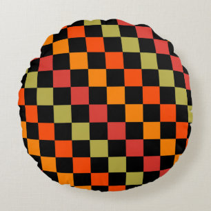 Orange Black Chequered Gingham Pattern Round Cushion