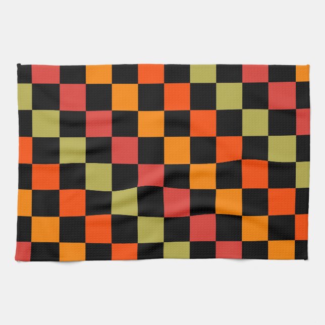 Orange Black Chequered Gingham Pattern Tea Towel (Horizontal)