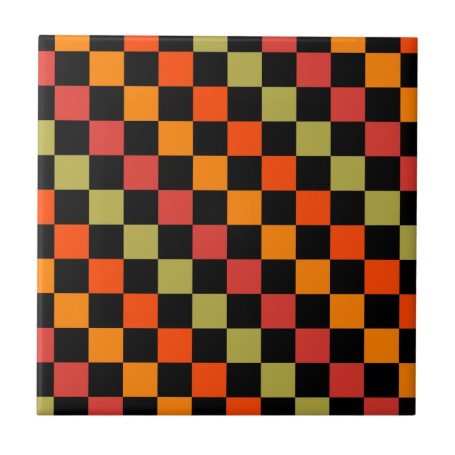 Orange Black Chequered Gingham Pattern Tile (Front)