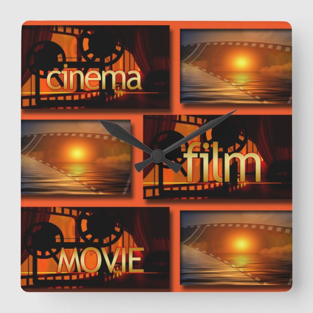 Orange & Black Cinema Film Movie Collage Square Wall Clock (Front)