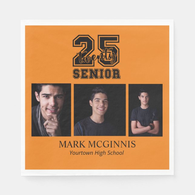 Orange Black Class 2025 Graduation Photo Napkin (Front)
