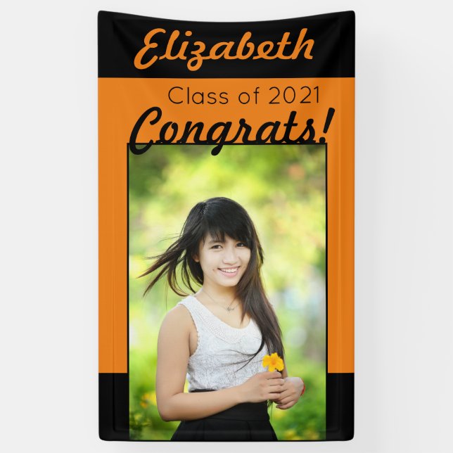 Orange & Black Congrats One Photo Graduation Party Banner (Vertical)