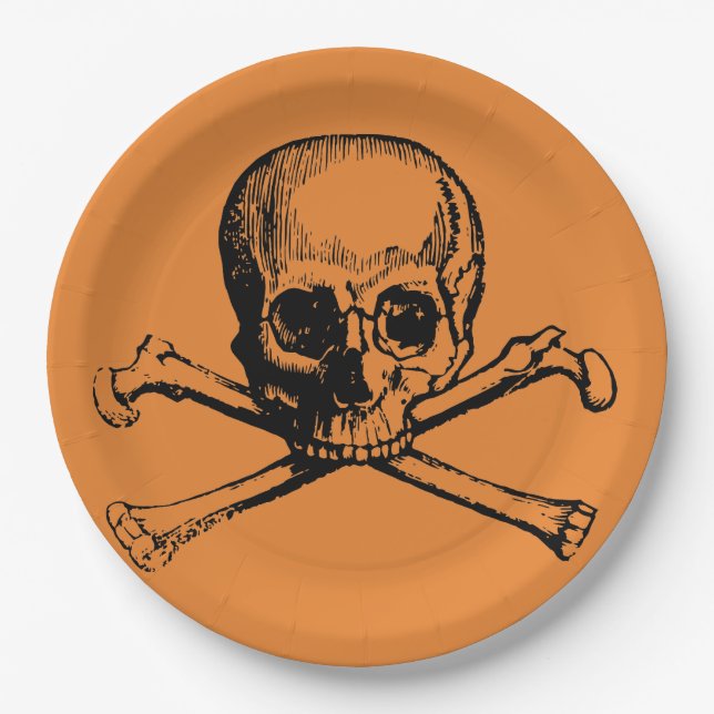 Orange Black Cool Pirate Skull Halloween party Paper Plate (Front)