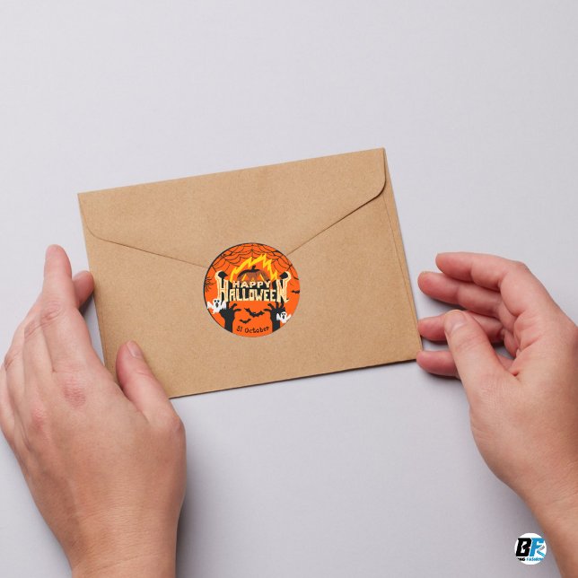Orange & Black Creative Halloween Classic Round Sticker (Creator Uploaded)