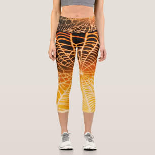 Orange Black Creepy Spooky Spider Web Capri Leggings