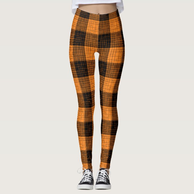  Orange Black Crosshatch Buffalo Check Leggings (Front)