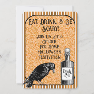 Orange Black Crow Raven Halloween Invitation