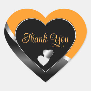 Orange Black Cute Hearts and Wavy Silver Thank You Heart Sticker