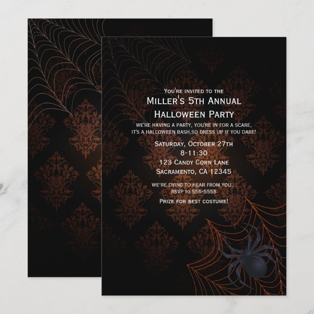 Orange & Black Damask Halloween Party Invitation (Front/Back)