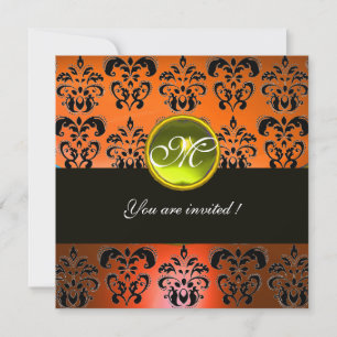 ORANGE BLACK DAMASK MONOGRAM, yellow topaz Invitation
