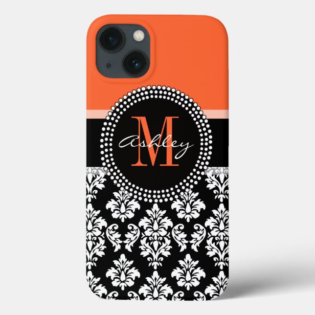 Orange Black Damask Pattern Monogram Case-Mate iPhone Case (Back)