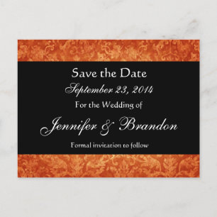 Orange & Black Damask Save The Date Postcard