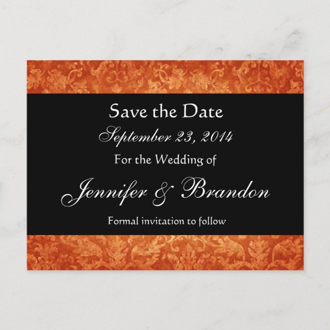 Orange & Black Damask Save The Date Postcard (Front)