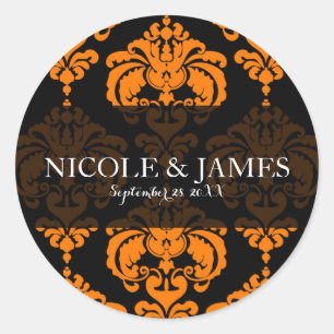 Orange Black Damask Vintage Wedding Event Favour Classic Round Sticker