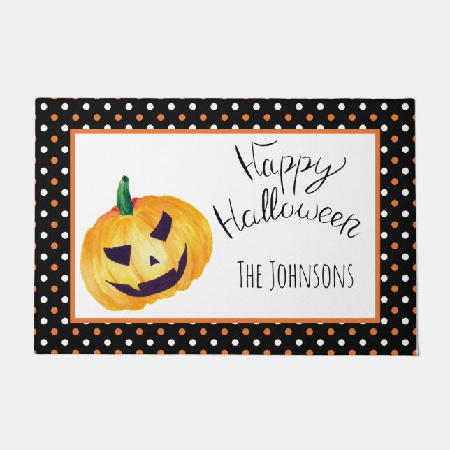 Orange Black dots Pumpkin Name Happy Halloween Doormat (Front)