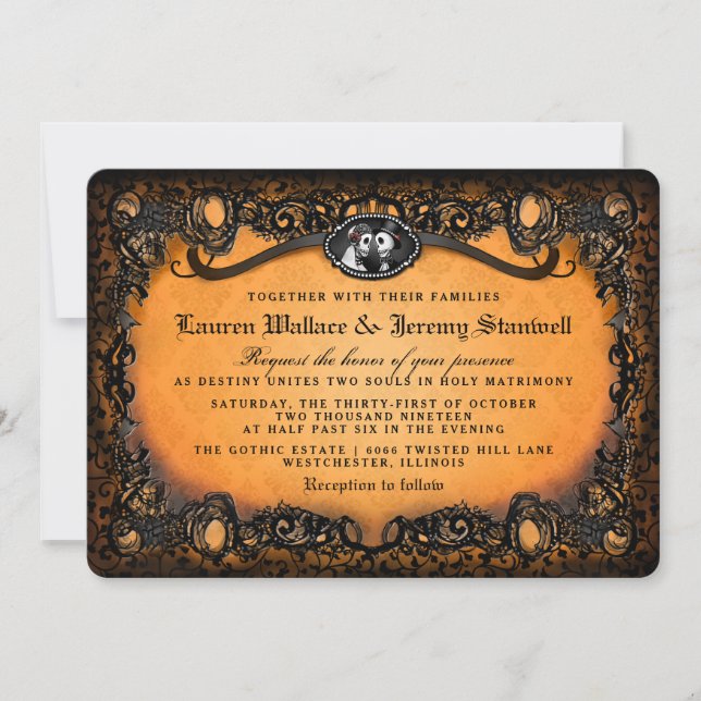 Orange Black Elegant Halloween Skeleton Wedding Invitation (Front)