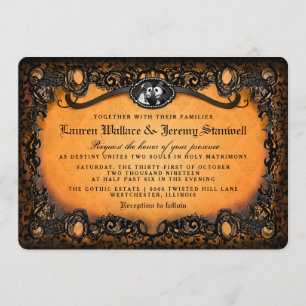Orange Black Elegant Halloween Skeleton Wedding Invitation