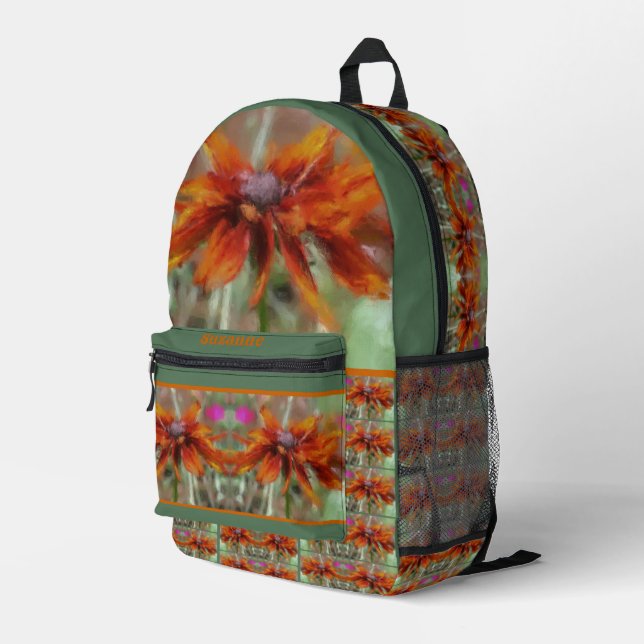 Orange Black Eyed Susan Flower Art Personalised Printed Backpack (Back Corner Right)