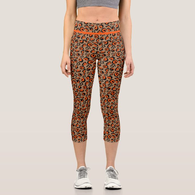 Orange Black Fashion Leopard Print Design Capri Leggings (Front)