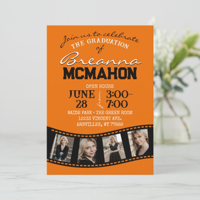 Orange & Black Filmstrip 5 Photo Graduation Invitation (Standing Front)
