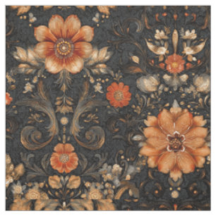 Orange & Black Floral Brocade Pattern Design Fabric